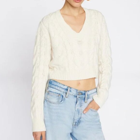 Frame Ivory Cable Knit Merino Wool V-Neck Cropped Sweater - Picture 2 of 6